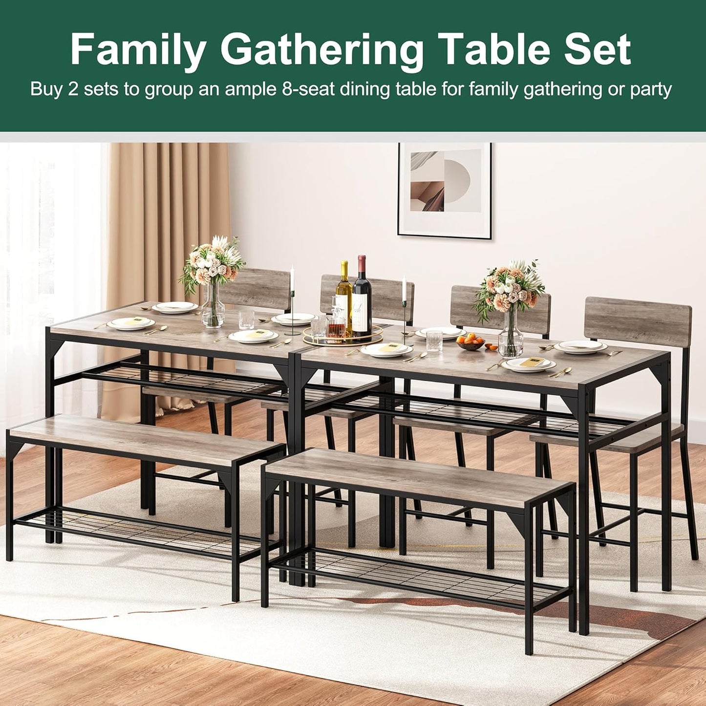 Shintenchi Kitchen Table Chairs Set of 4, Dining Table Set for 4 with Bench and Chairs, 4 Pieces Kitchen Table Set with Storage Rack & Metal Frame for Small Space, Gray