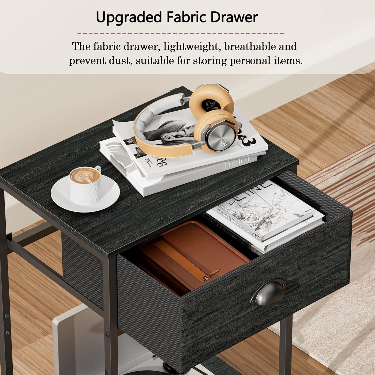 Furologee Nightstand with Fabric Drawer & Storage Shelf, Small Bedside Table Organizer for Small Space, 2 Tiers Industrial End Table, Side Table for Living Room, Bedroom, Black Oak