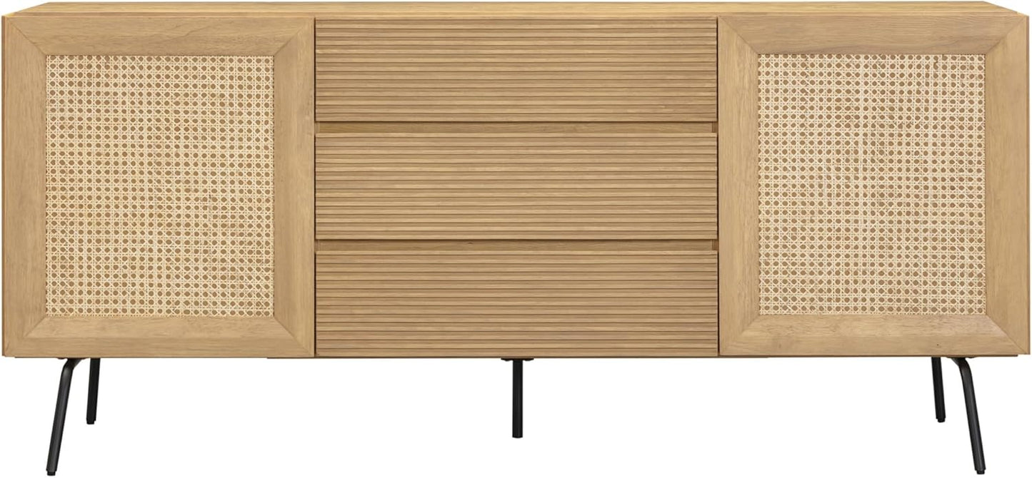 NTC MOSSIC Modern Sideboard with 4 Doors, Natural Rattan Storage Cabinet, Buffet with Metal Legs, Boho Accent Cabinet for Living Room, and Entryway, Effortless Assembly, Sand