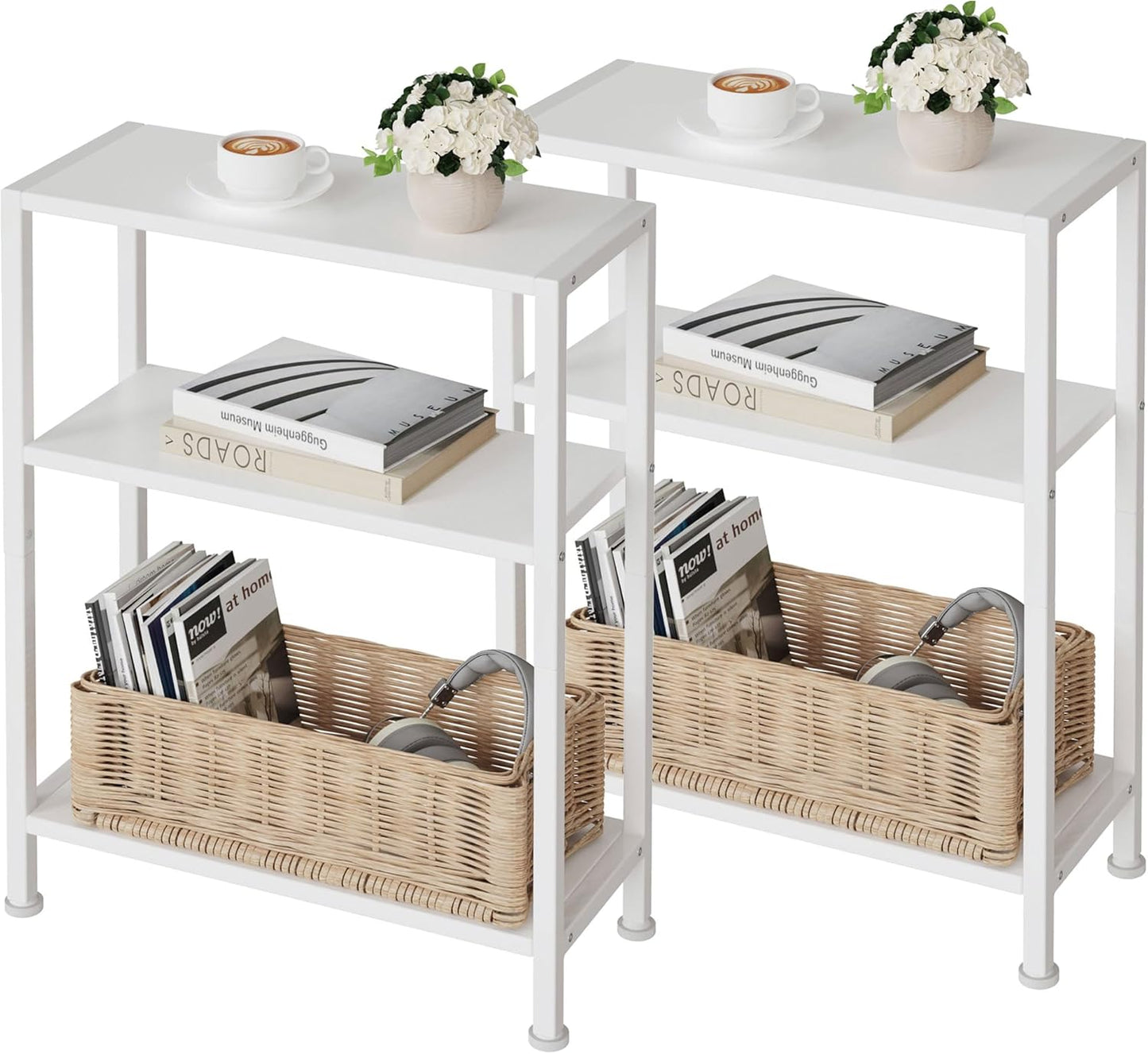 3-Tier Side Table Set of 2, Small End Table, Sofa Side Table for Narrow Spaces, Slim End Table, Nightstand Table, for Living Room Bedroom Office, White