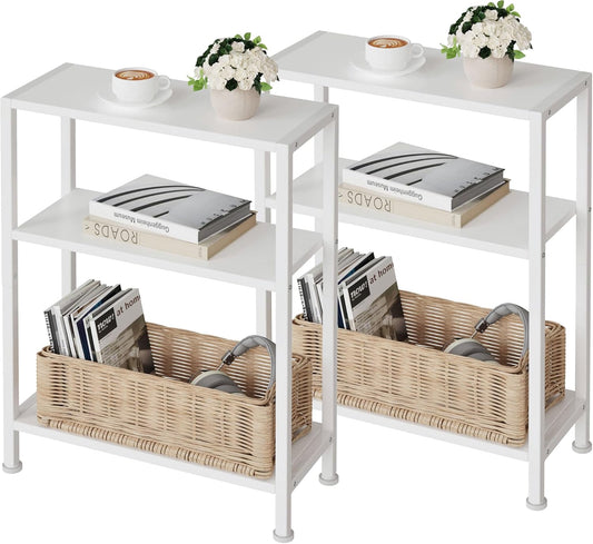 3-Tier Side Table Set of 2, Small End Table, Sofa Side Table for Narrow Spaces, Slim End Table, Nightstand Table, for Living Room Bedroom Office, White