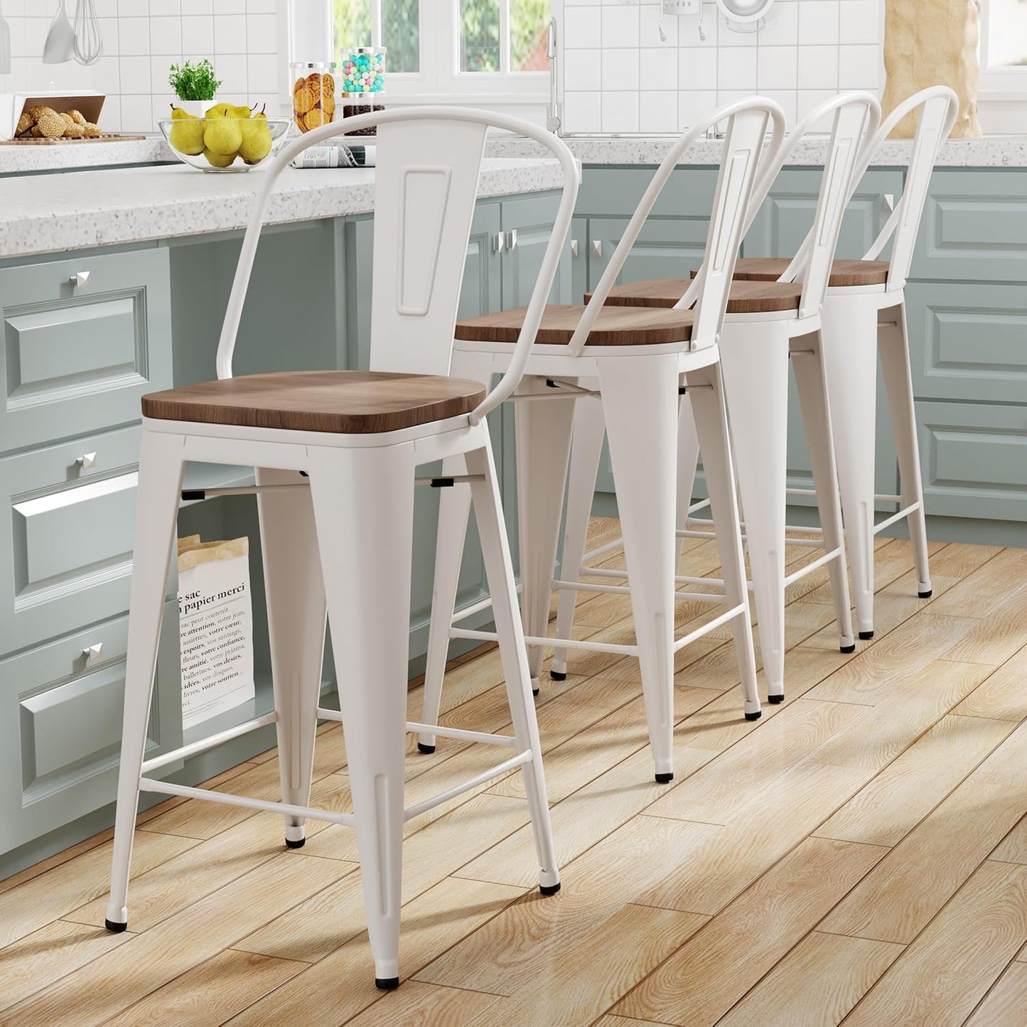 Yongqiang Metal Bar Stools Set of 4 Kitchen Island Counter Height Bar Stools High Back Farmhouse Barstools with Large Wooden Seat 24 inch Cream White