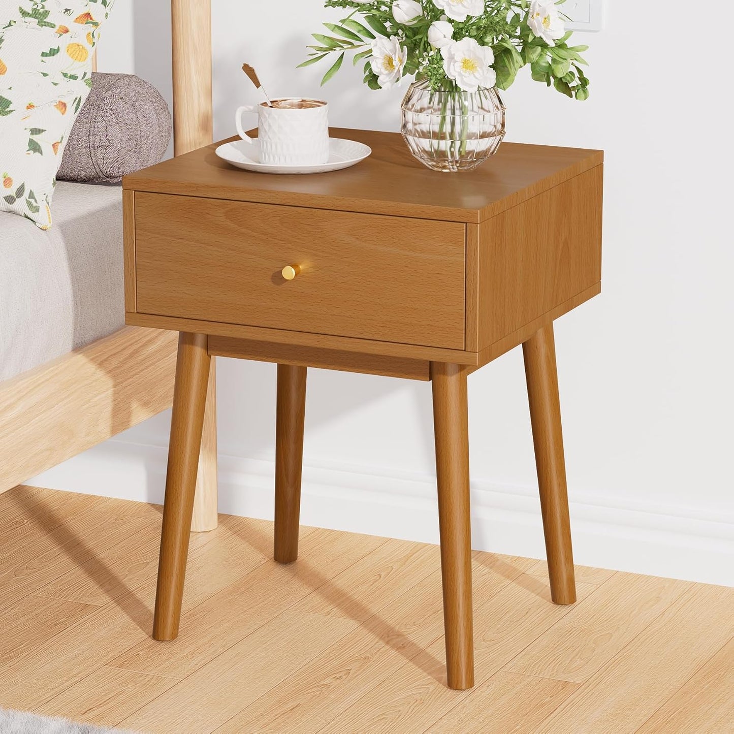 Small Solid Wood end Table with 1 Drawers, Mid-Century Modern Night Stand/nightstands,Side Table with Storage (Caramel)