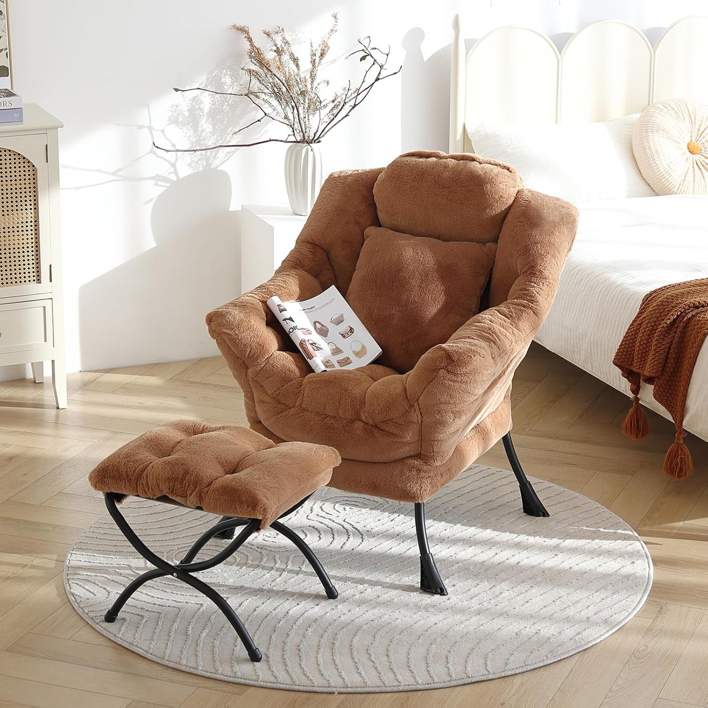 Lazy Chair with Ottoman, Reading Chair with a Pillow, Leisure Sofa Armchair with Ottoman, Large Accent Lounge Chair for Bedroom, Living Room, Dorm Room, Plush Brown
