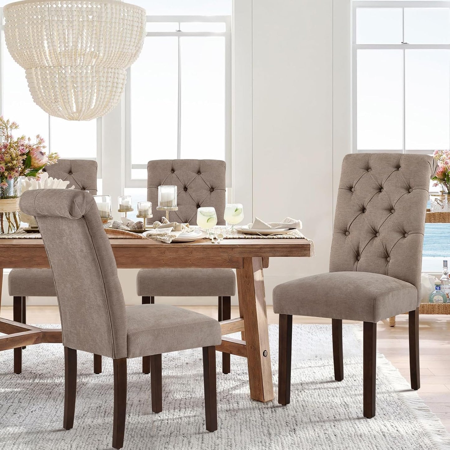 COLAMY Button Tufted Dining Chairs Set of 2, Parsons Upholstered Fabric Dining Room Chairs Kitchen Chairs with Wood Legs and Padded Seat, Taupe