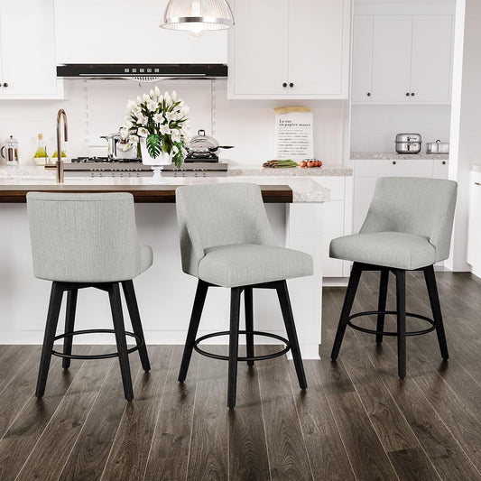 Counter Height Swivel Bar Stools Set of 3, 26 Inch Bar Stools with Footrest, Linen Fabric Upholstered Barstools with Back and Solid Wood Legs for Kitchen Island, Dining Room,Pub,White