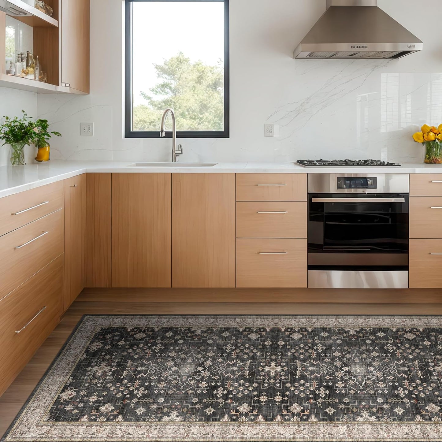 Black Boho Washable 3x6 Large Kitchen Runner Rug, Indoor Entryway Home Office Floor Rug, Non-Slip Stain & Fade Resistant, Vintage Floral Decor