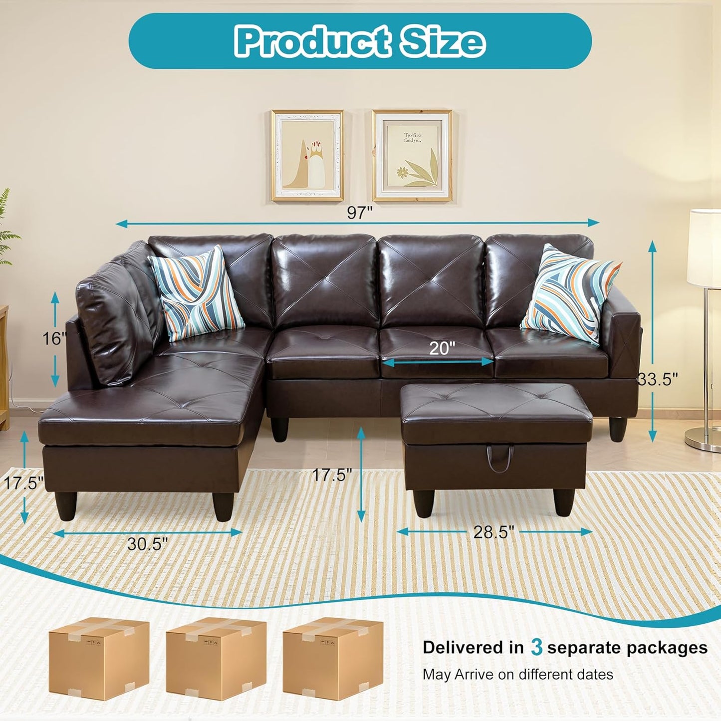 L Shaped Couch Faux Leather Sectional Couch Upholstered 3 Pieces Sofas for Living Room with Chaise, Storage Ottoman for Office and Small Apartment, Brown