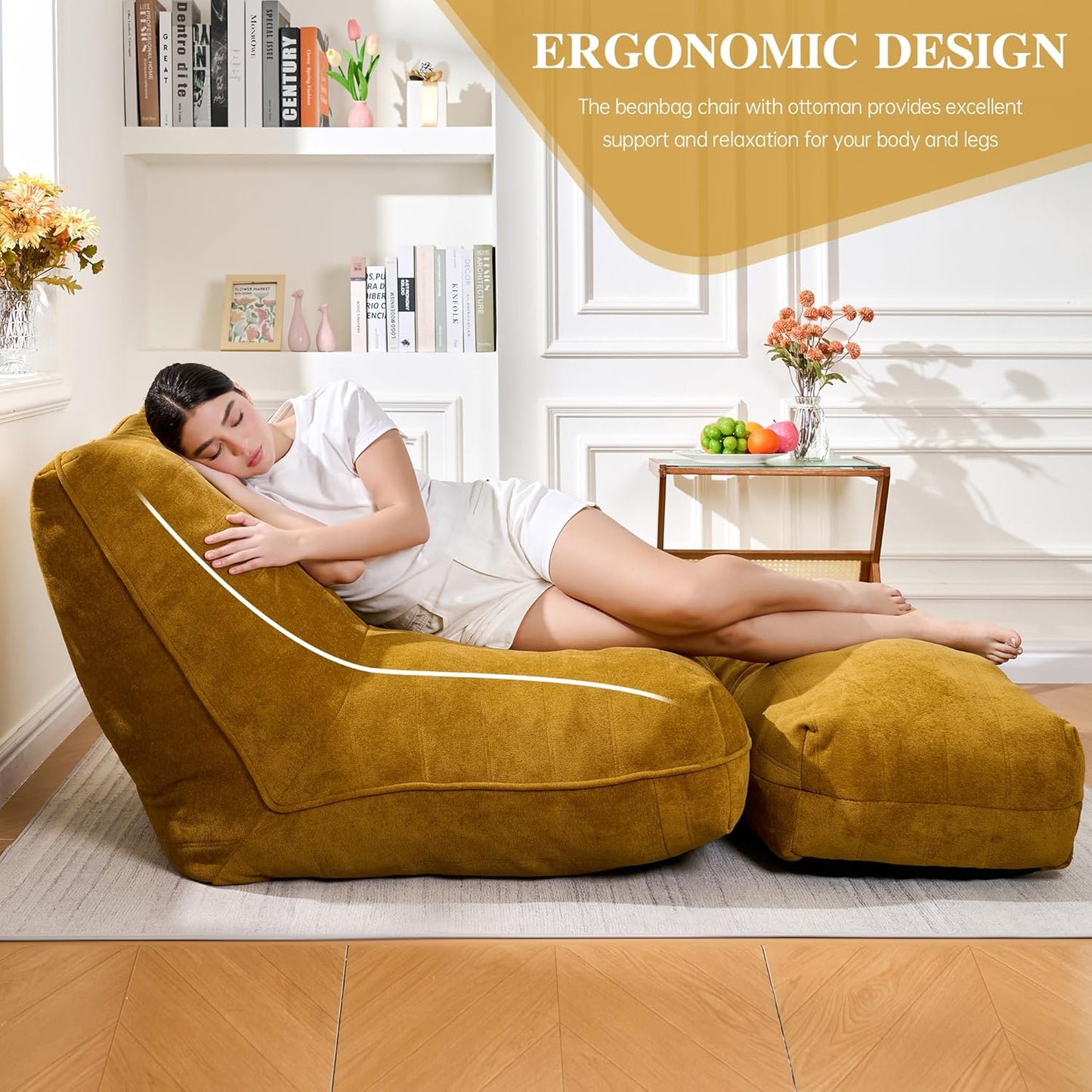 Bean Bag Chair with Ottoman, Comfy Bean Bag Sofa with Memory Foam, Lazy BeanBag Sofa with Footstool, Fireside Bean Bag Couch for Living Room, Bedroom, Apartment (Yellow)