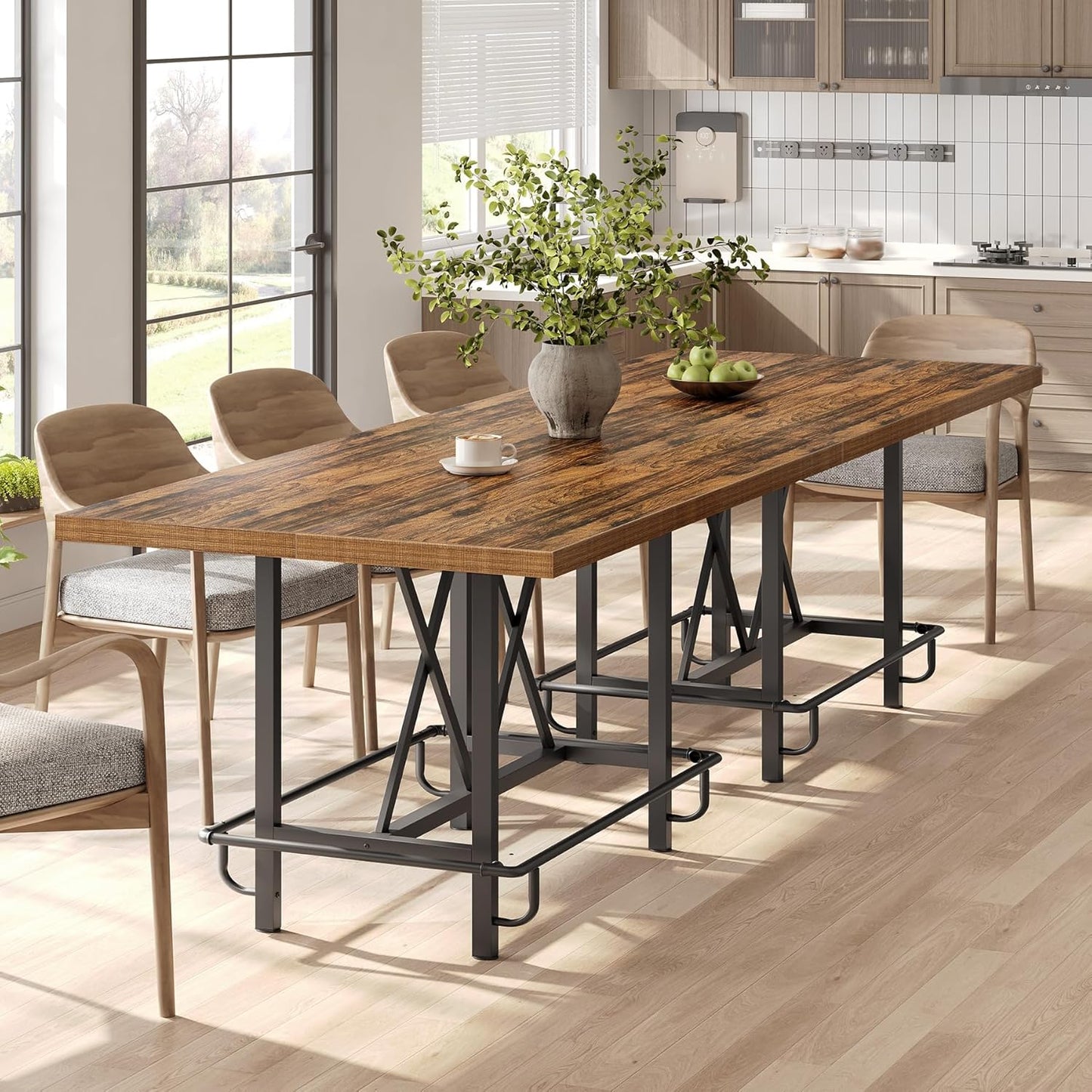 LITTLE TREE 63-Inch Industrial Bar Table with Metal Footrest, Counter Height Pub Table for Kitchen, Home Bar & Entertaining (Brown)