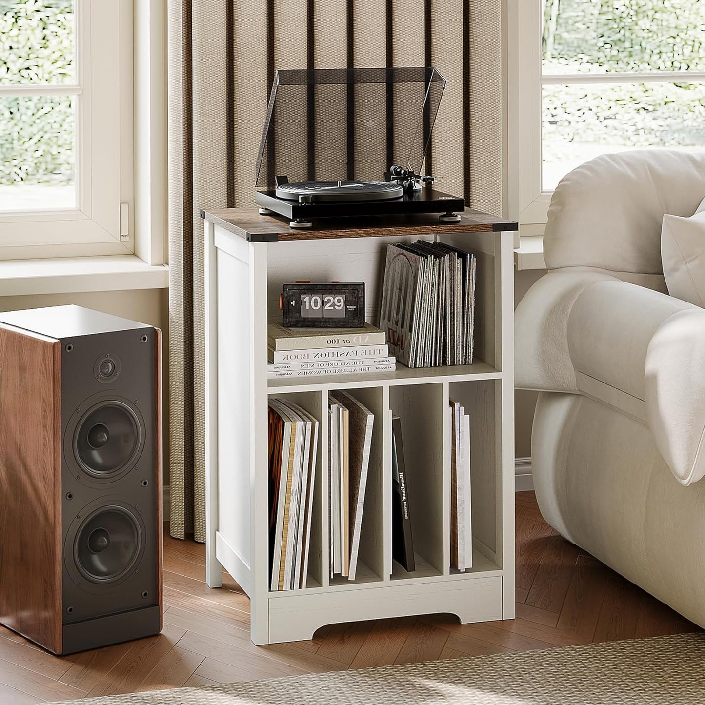 ChooChoo Record Player Stand, Vinyl Record Storage Cabinet, Turntable Stand Holds up to 160 Albums, Record Player Table Display Shelf for Living Room, Bedroom, Office, Rustic White