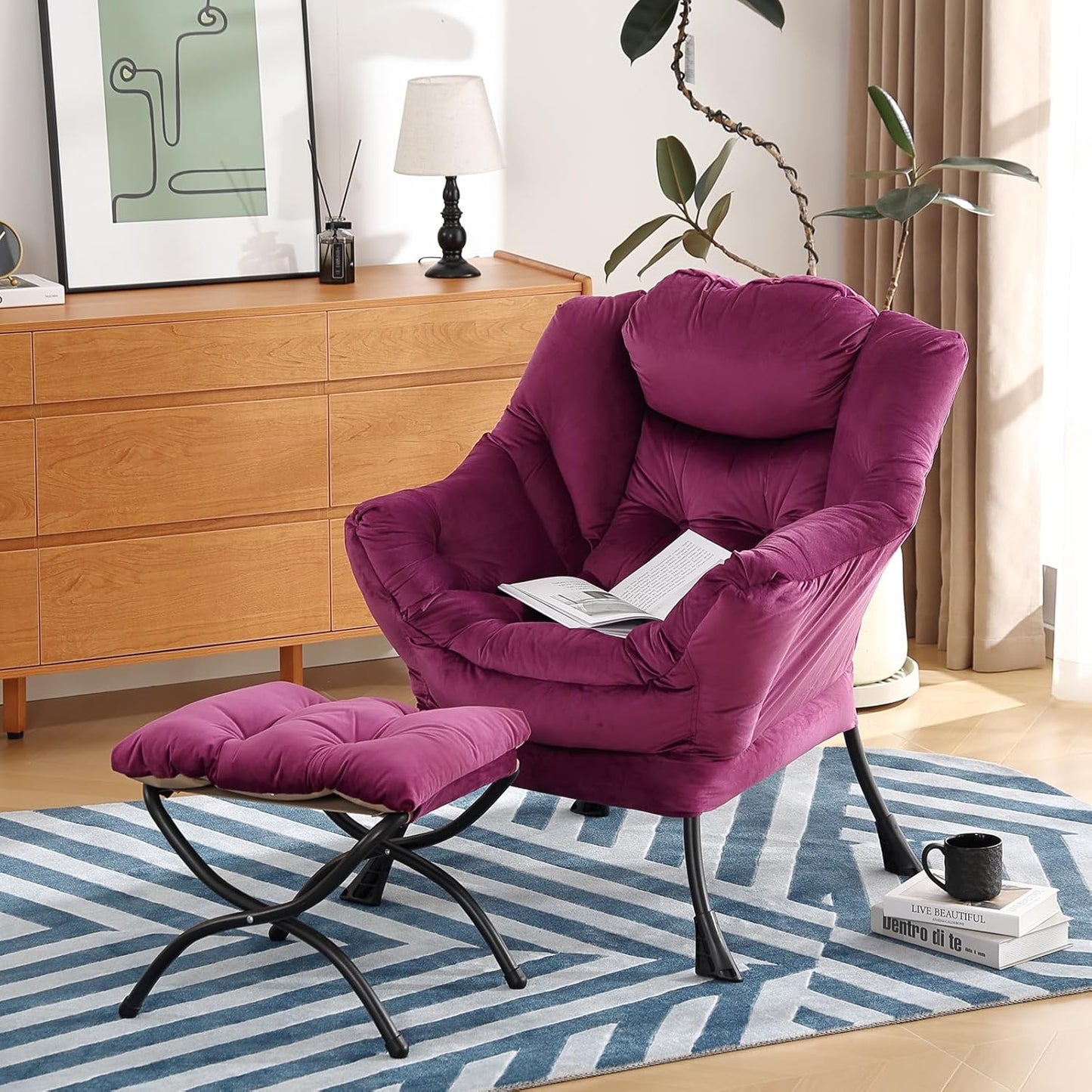Lazy Chair with Ottoman, Modern Chair with Folding Footrest, Lounge Accent Chair, Comfortable Reading Chair (Velvet Dark Purple)