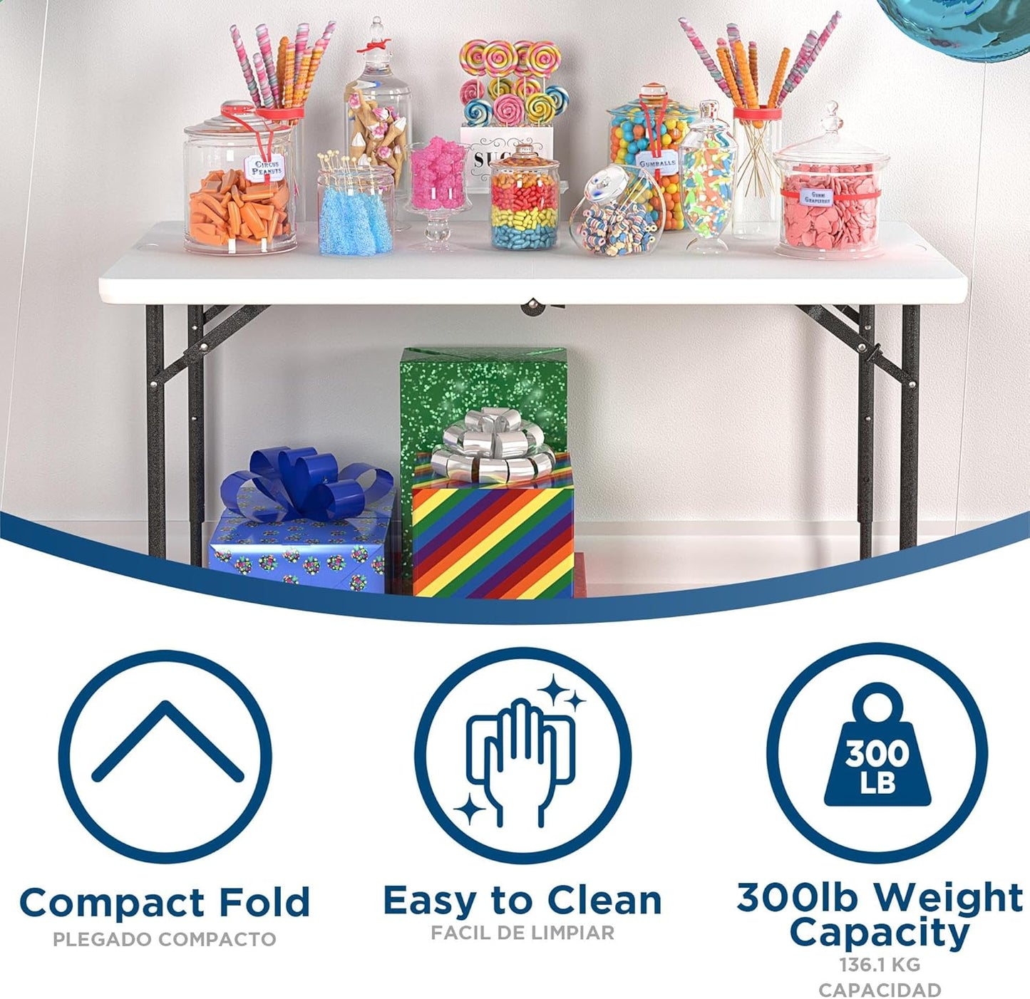 COSCO 4 ft. Centerfold Blow Mold Utility Table, Adjustable Height, White