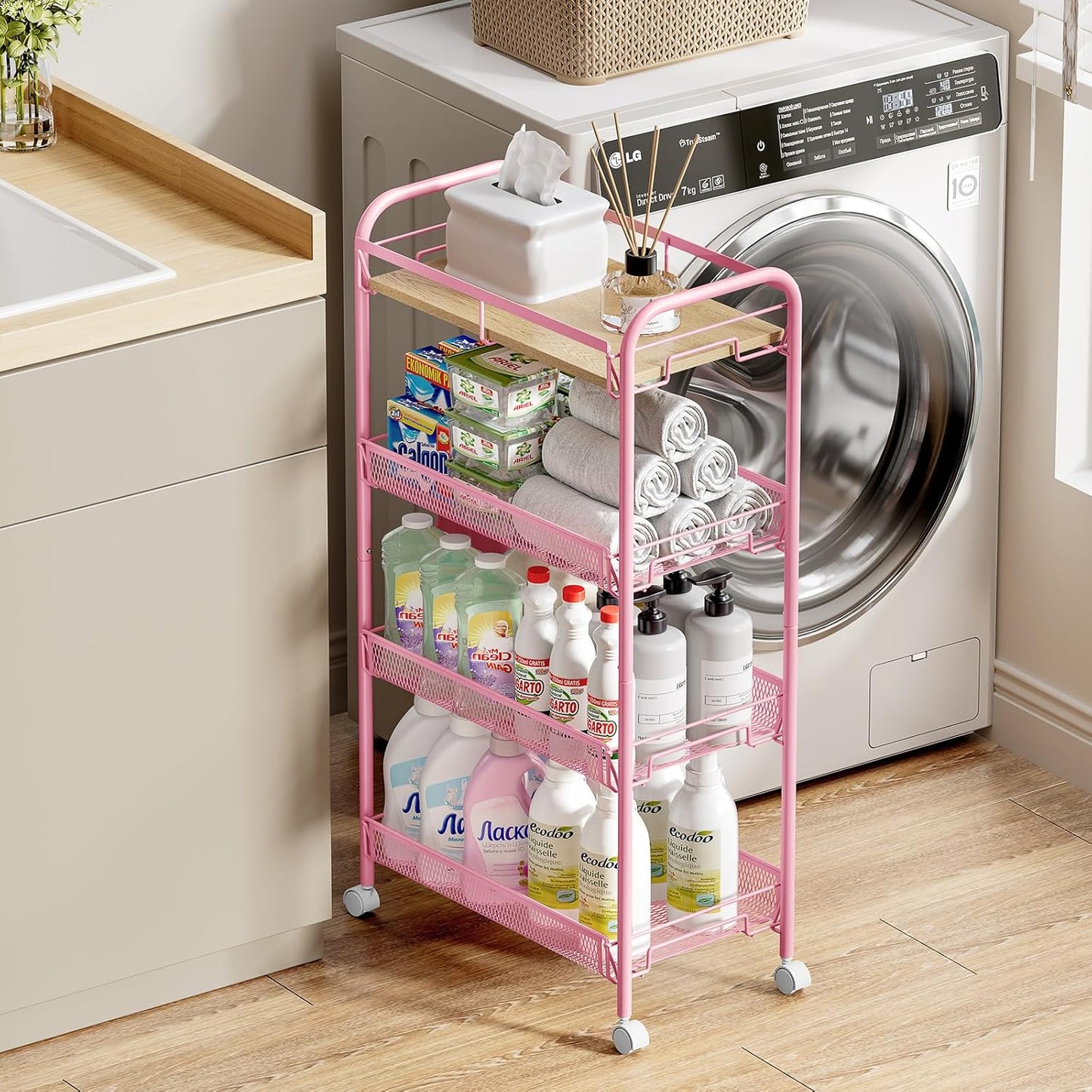 KINGRACK 4-Tier Wide Metal Rolling Storage Cart, Utility Cart with Wooden Tabletop for Laundry, Bathroom, Kitchen, Apartments, Dormitory (Pure Pink, Wide)