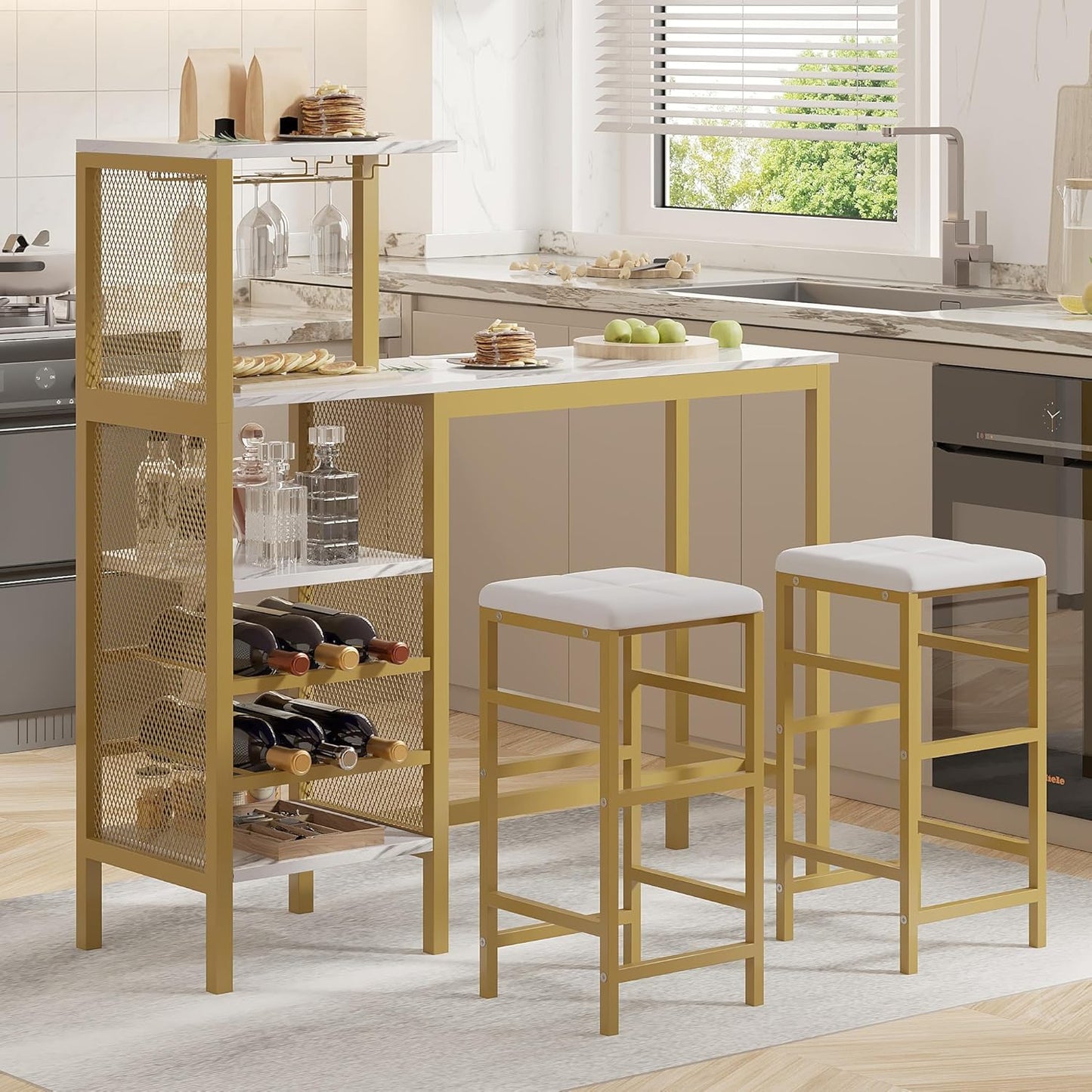 VECELO Bar Table and Chairs Set for 2, 3-Piece Dining Set with Storage Shelves, Cup Holder & Wine Rack, PU Leather Cushion Stools, for Kitchen Small Space, Gold