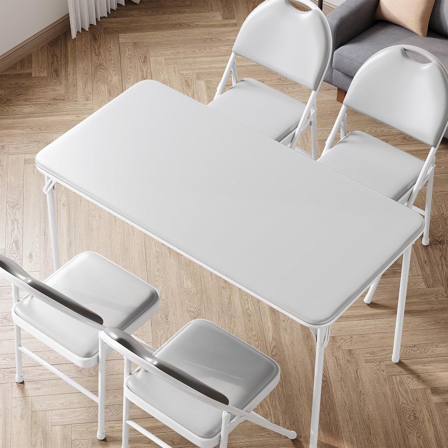 IDEALHOUSE Protable Folding Table and Chairs, 5 Piece Folding Card Table and Chairs Set, Foldable PU Upholstered Table and Chairs Set of 5, for Dining Room, Living Room, Office, Camping, Gray