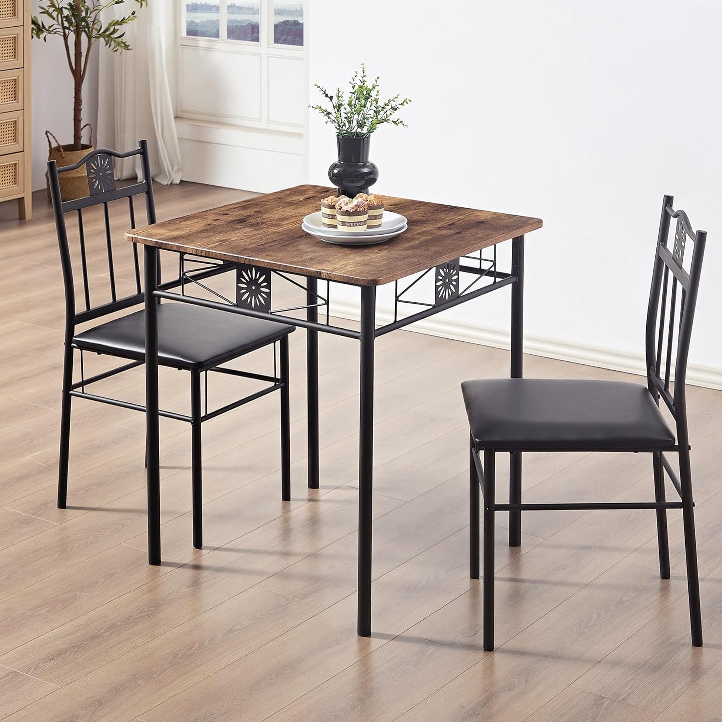 VECELO 3-Piece Small Kitchen Dining Table Set for 2, PU Padded Chairs, Retro Brown