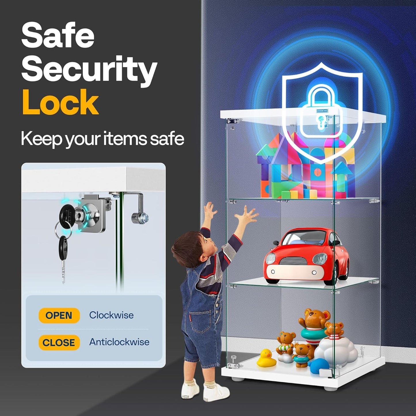 VIVOHOME 3 Layers 16''W x 16''D x 33''H Glass Display Cabinet Showcase Countertop with Lock, 4mm Tempered Glass 25mm MDF Base