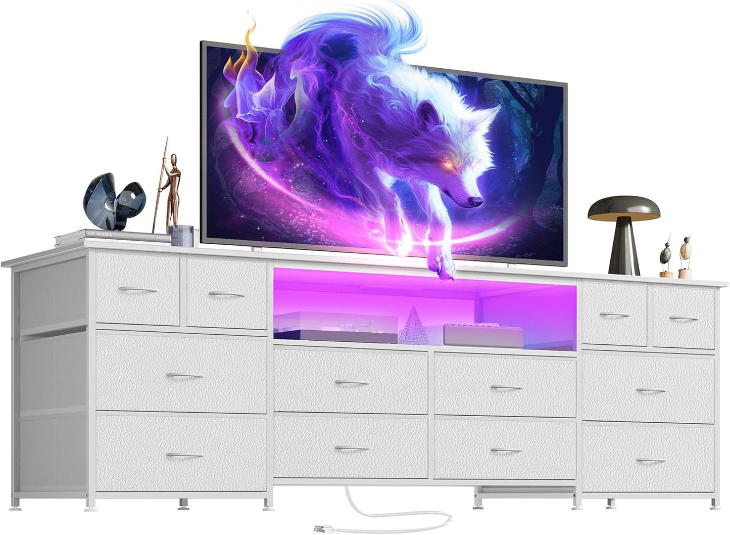 Huuger 63 Inch Dresser TV Stand with LED Lights, Power Outlets and USB-C Port, 12 Fabric Drawer Dresser for Bedroom, Wide Entertainment Center for 65, 70 Inch TV, Media Console, Open Shelf, White