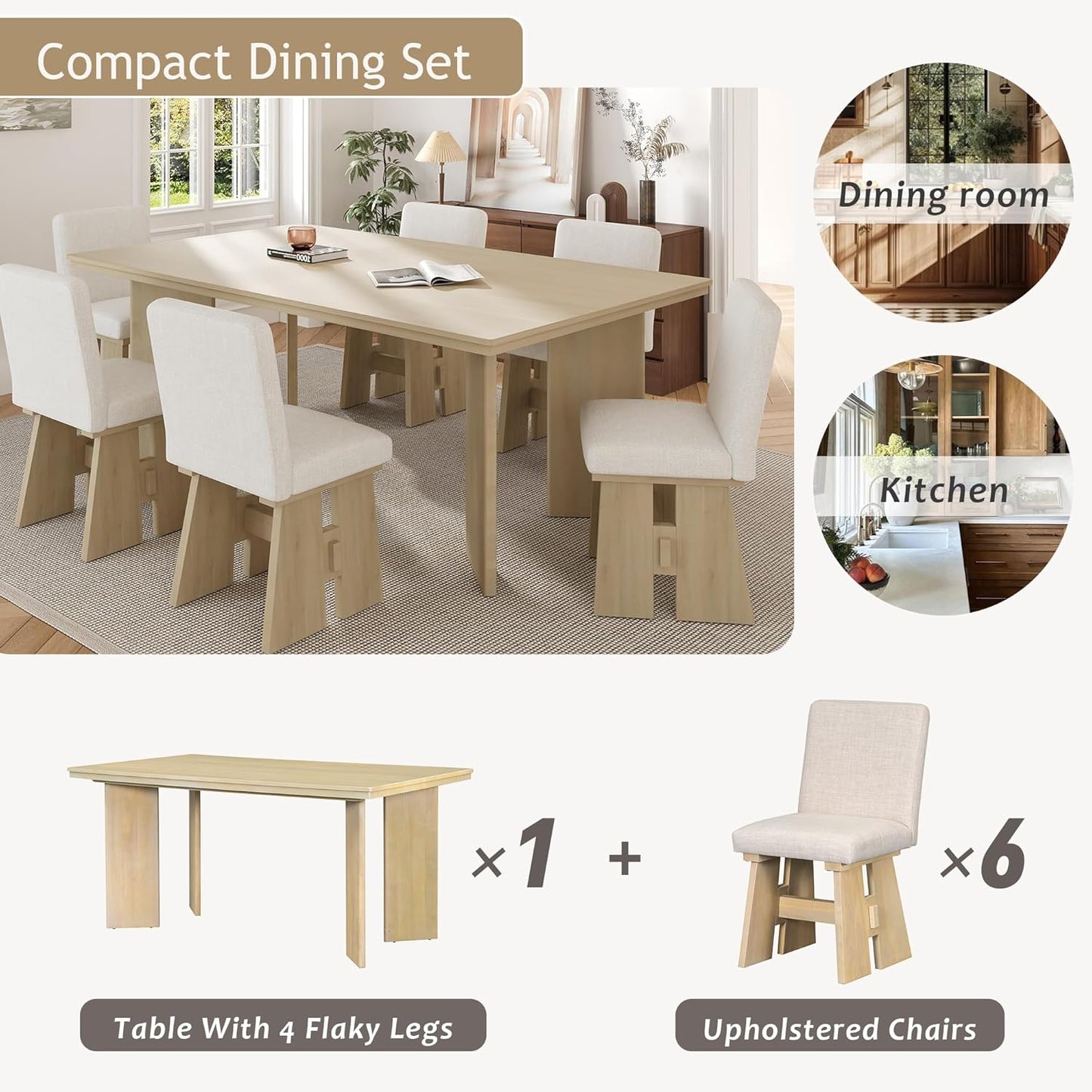 Ball & Cast Modern 7-Piece Dining Table Set with 6 Upholstered Chairs,Wood Tables Sets w/Space-Saving Design,Kitchen Furniture Suitable Big Family Gatherings,Natural