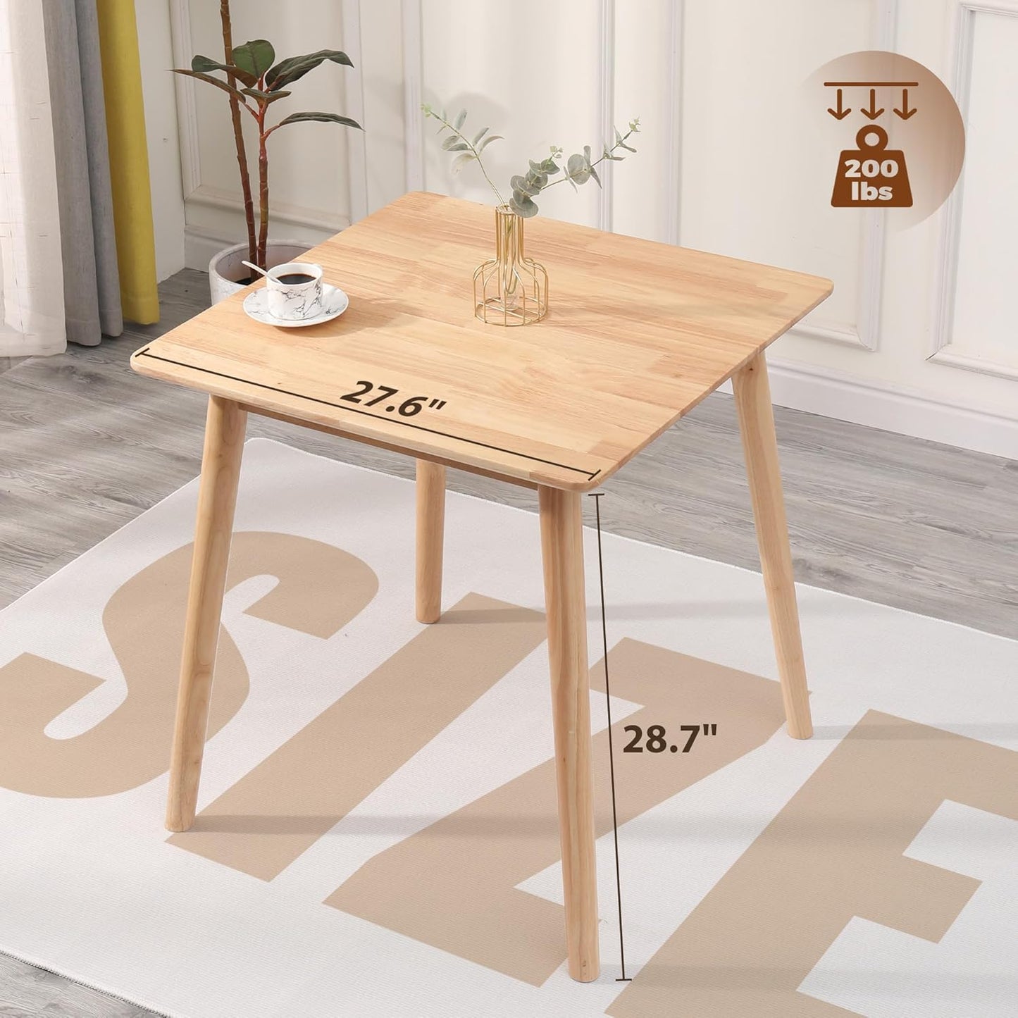 OGMILL 27.6" Small Square Dining Table for 2, Space-Saving Natural Kitchen Dinner Table Rustic Wood Mid Century Modern Table with Solid Wood Leg for Small Spaces