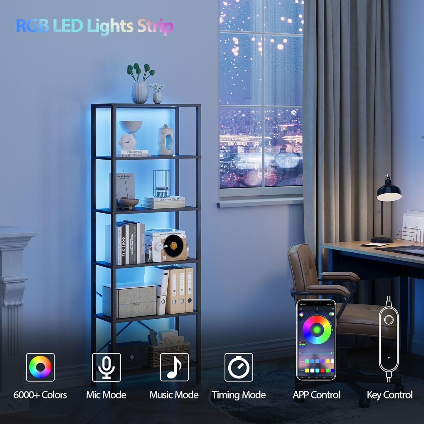 6-Tier Bookshelf, Tall Bookcase with LED Lights, Book Shelf with Steel Frame, 11.2" x 23.6" x 65.4", Display Storage Shelf for Living Room, Bedroom, Home Office, Study, Black