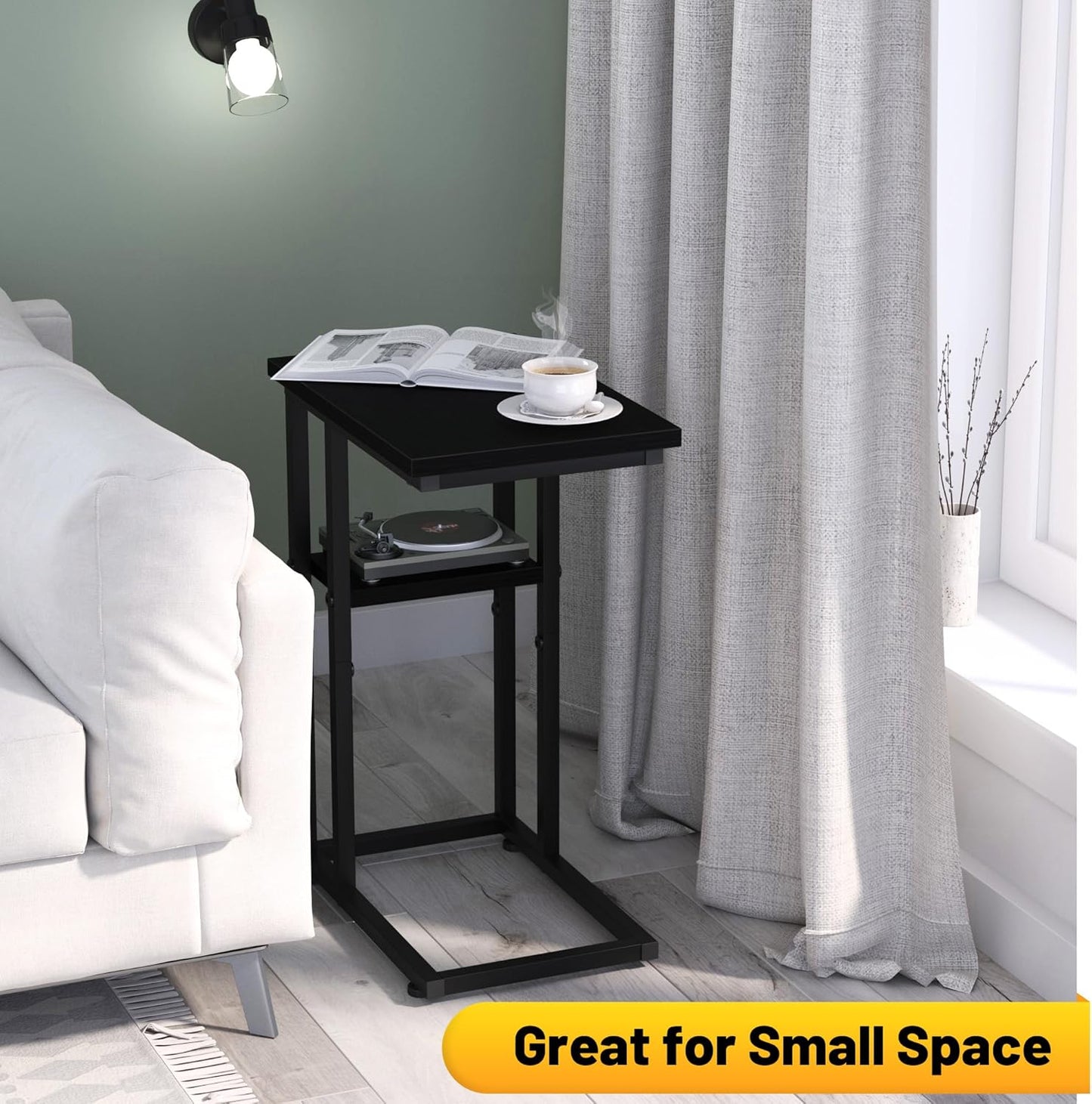 C Shaped End Table, Sturdy 2 Tier C Shaped Side Table for Couch Sofa Bedside Small Space, Couch Side Table for Living Room Bedroom, Easy to Assemble, Classic Black