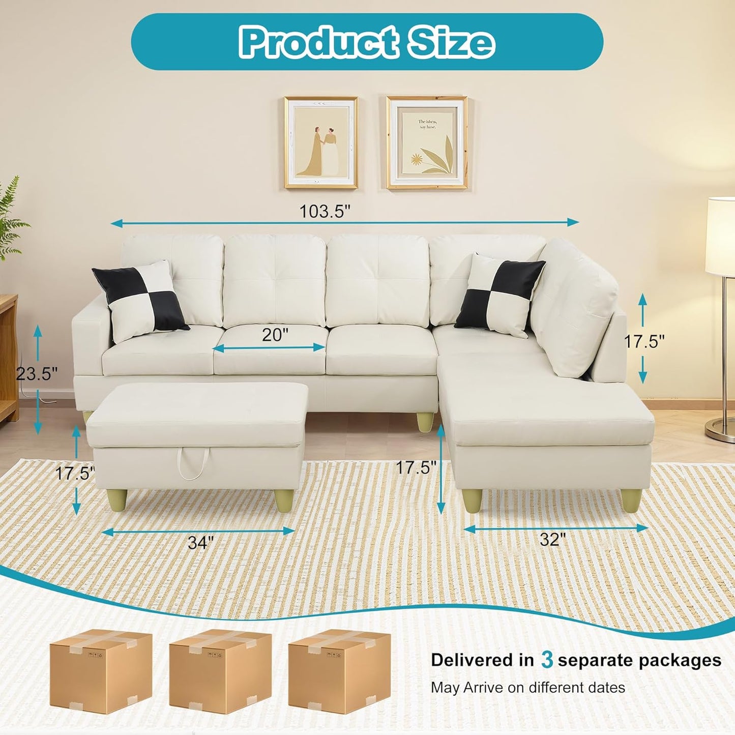 Couches for Living Room Faux Leather L Shaped Couch Comfy 3 Pieces Sectional Sofa with Chaise, Ottoman with Storage for Office and Small Apartment, White