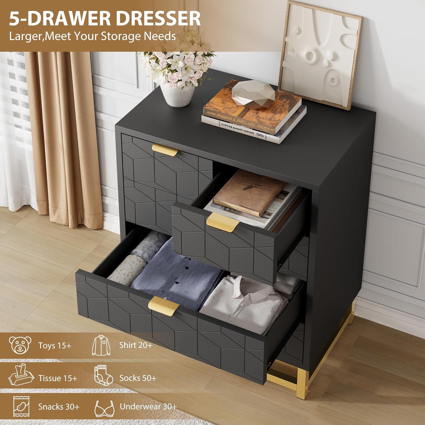 GAOMON Black 5 Drawer Dresser for Bedroom, Chest of Drawers with Metal Base, Modern Dresser Chest Cabinet Organizer for Living Room, Hallway, Closet