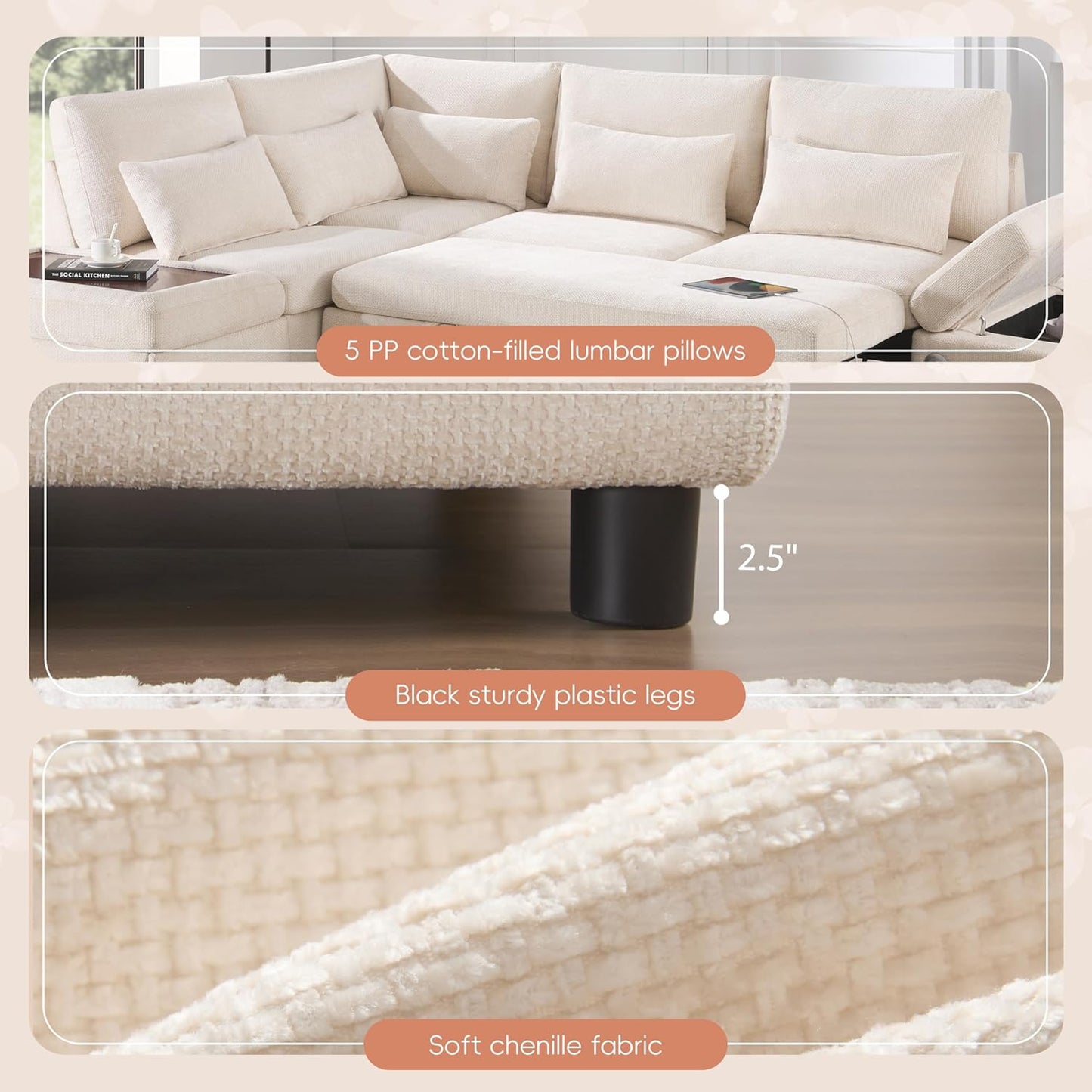 Ball & Cast Modular Convertible L-Shaped Sectional Sleeper Sofa Bed Pull Out Couch with Moveable Storage Ottoman,Oversized Chenille Pull-Out Sofa Bed W/Reclining Armrest&USB Port,for Living Room,Beige