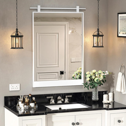 24x36 Inch Rectangle Bathroom Vanity Mirror for Wall Mounted Over Sink Farmhouse Rustic White Frame Barn Door Mirrors Foyer Entryway Decor
