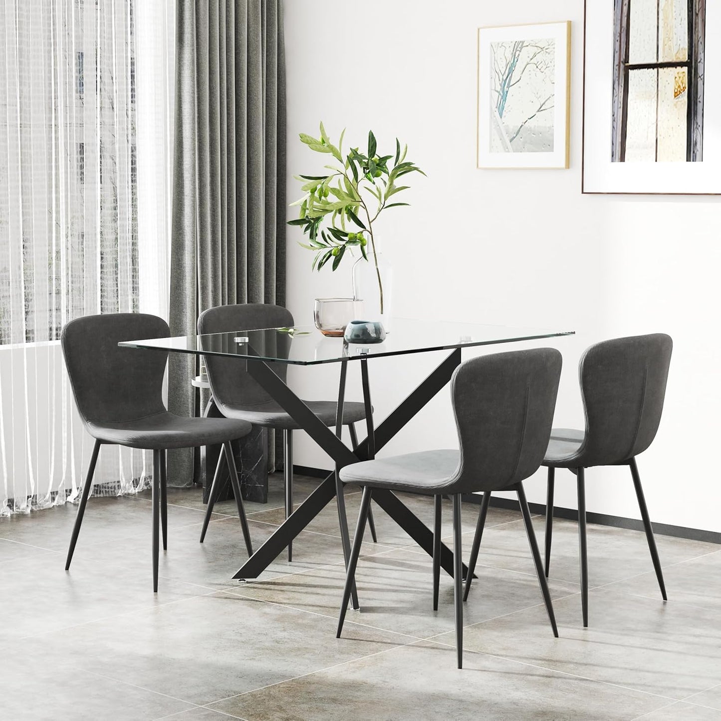 Tempered Glass Dining Table 48 Inch Mordern Rectangular Kitchen Table with Black Metal Legs for Dining Room Kitchen