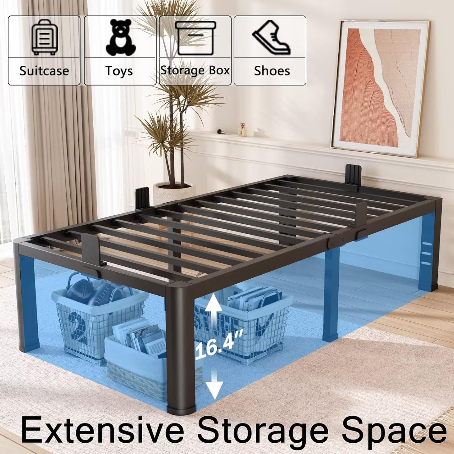 FUIOBYVV 18 Inch Twin Bed Frame with Rounded Corner and Headboard Hole Mattress Retainers 3500 LBS Metal Heavy Duty Steel Slats Support No Box Spring Needed Platform Noise Free Easy Assembly