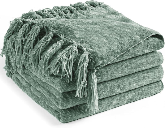 Chenille Throw Blanket for Couch 50"X 60", Soft Cozy Throws with Fringe Tassel for Bed Sofa Chair Cover, Lightweight Knitted Decorative Boho Blankets for Living Room, Sage Green