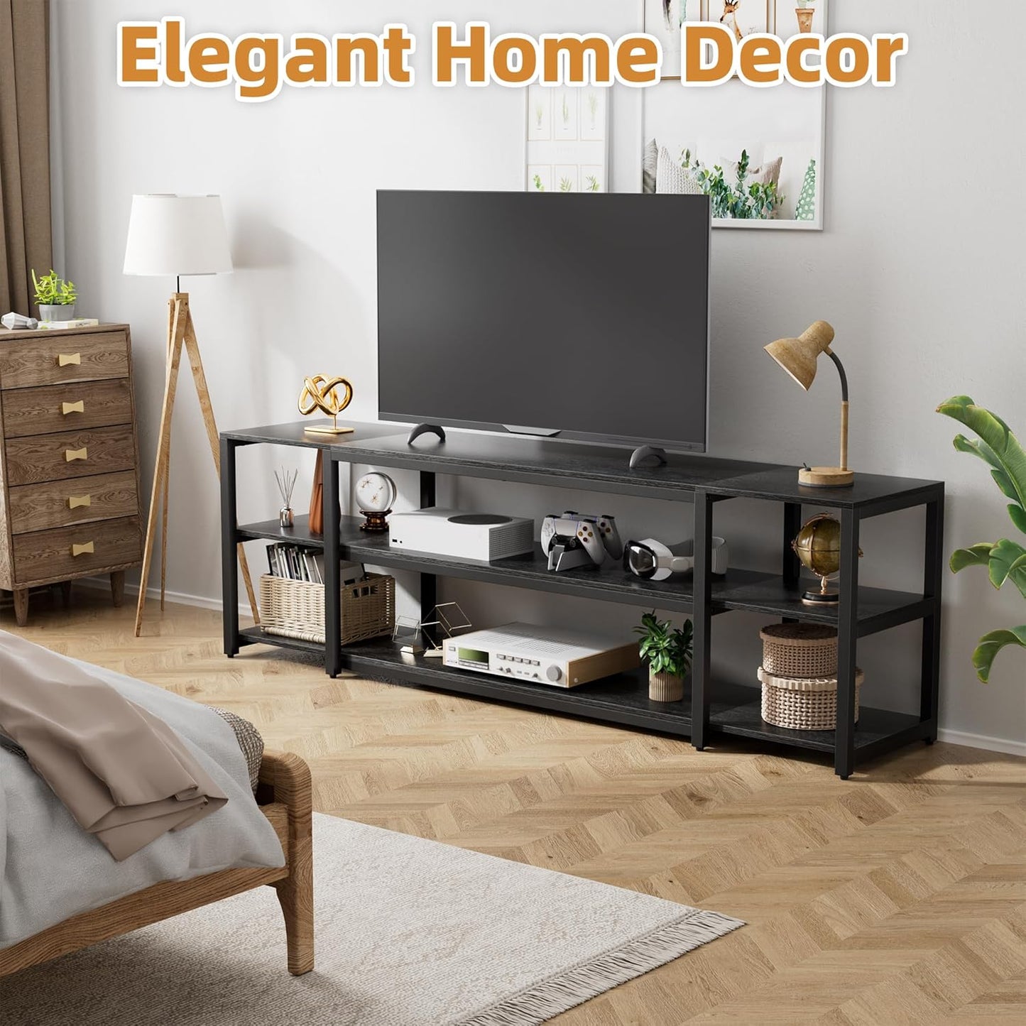 Aquzee 85 inch TV Stand, Entertainment Center for 70 75 80 85" TV, 75.2" Wide Wood Television Console Table for Living Room Bedroom Gaming Room, Black