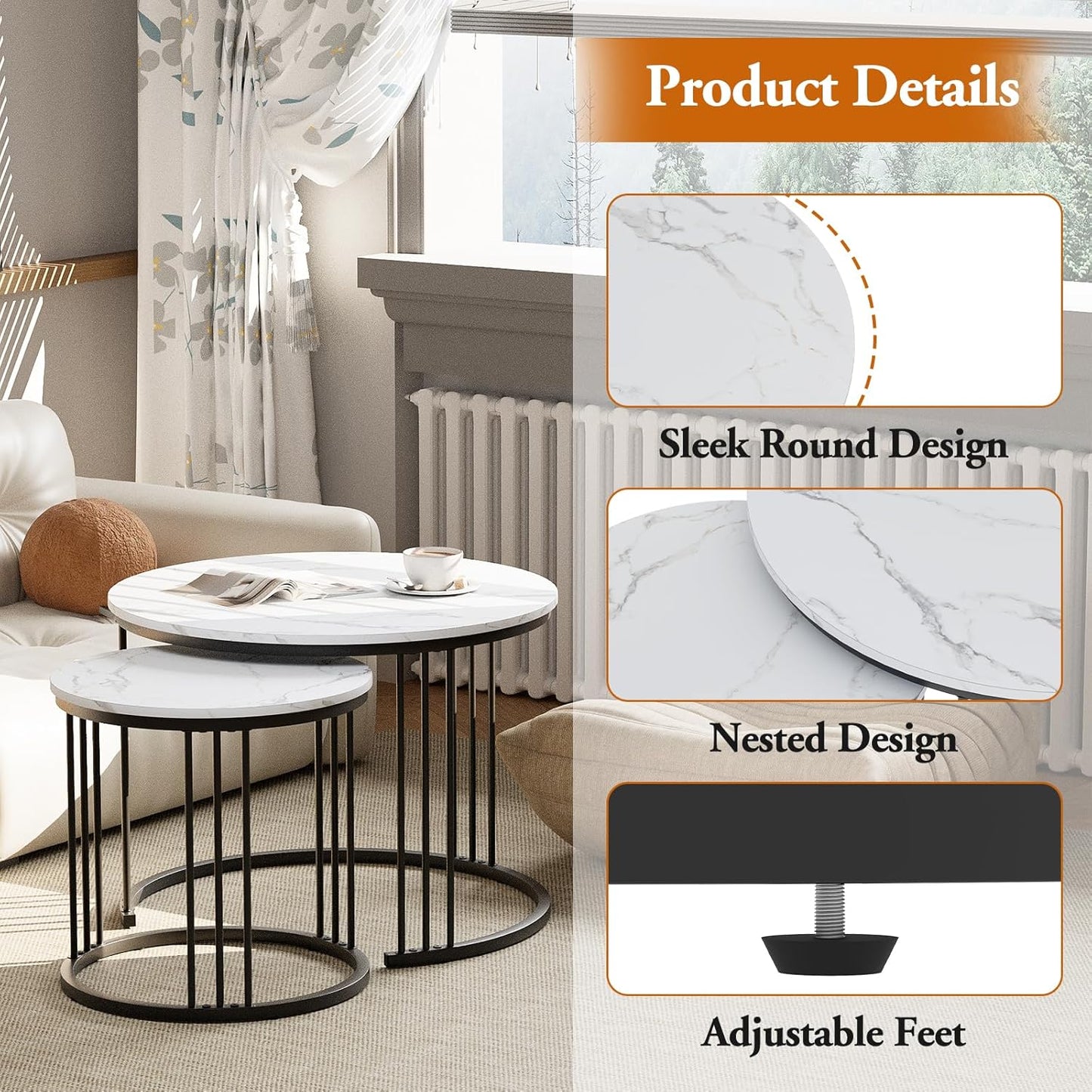 Garden 4 you Coffee Table Faux Marble Nesting Table for Small Place 2 Sets Modern Furniture Living Room Sets End Side Table Night Stand for Bed Room Dining Room (Black & White)