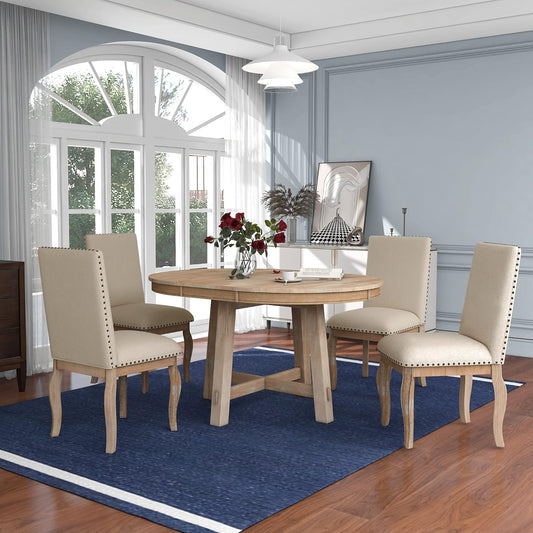 Merax 5-Piece Farmhouse Dining Furniture Set, Wooden Round Extendable Table, and 4 Upholstered Chairs, Natural Wood Wash