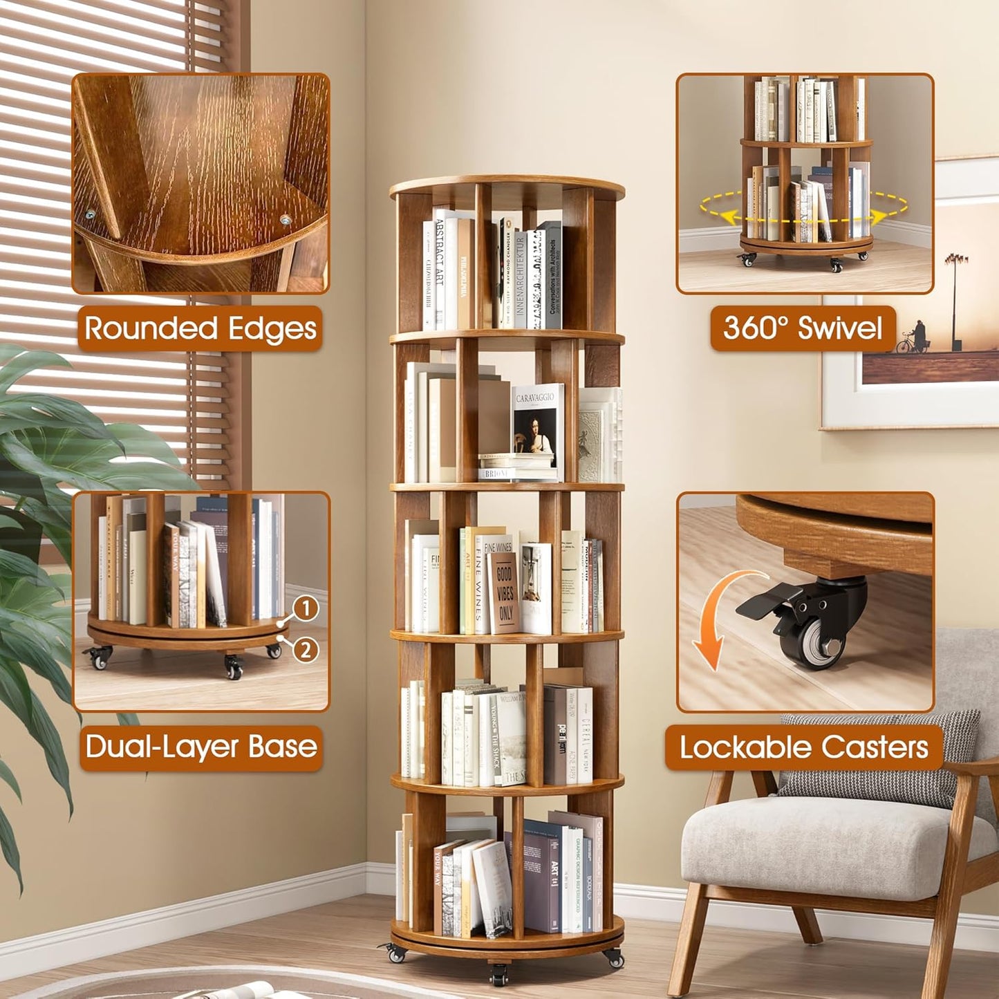 5 Tier Rotating Bookshelf Tower Spinning Bookshelf with Swivel Wheels Book Shelf Rotating Storage Tower for Kids Adult Narrow Walnut Solid Wood Revolving Bookcase Organizer for Bedroom Living Room
