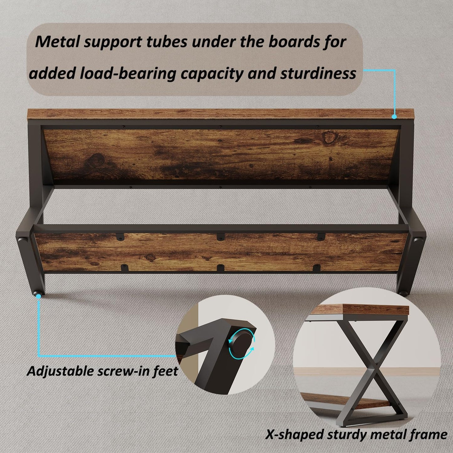 IBF Farmhouse Wood Bench, Industrial Storage Entryway Indoor Bench for Bedroom Hallway Living Room, Rustic Wooden Metal Shoe Rack Accent Foyer Bench Seat for Entrance Sitting, Rustic Brown, 47 in Long