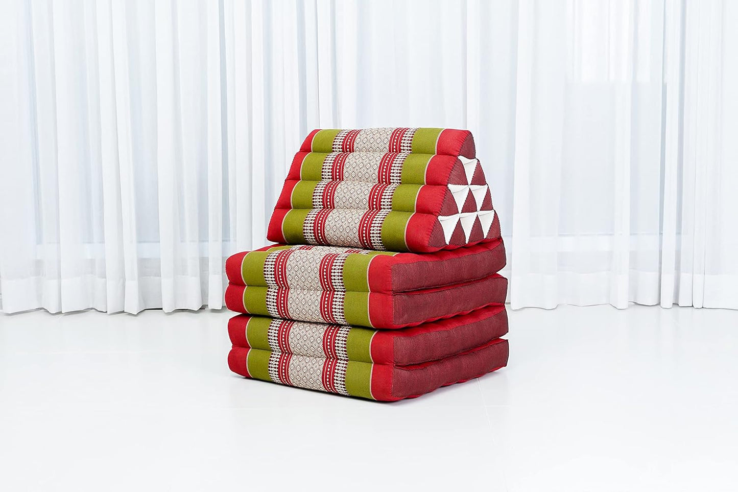 Leewadee Comfortable Japanese Floor Mattress - Thai Floor Bed with Triangle Cushion - Futon Mattress - XL Extra Long Thai Massage Mat, 89 x 20 inches, Green Red, Kapok Filling