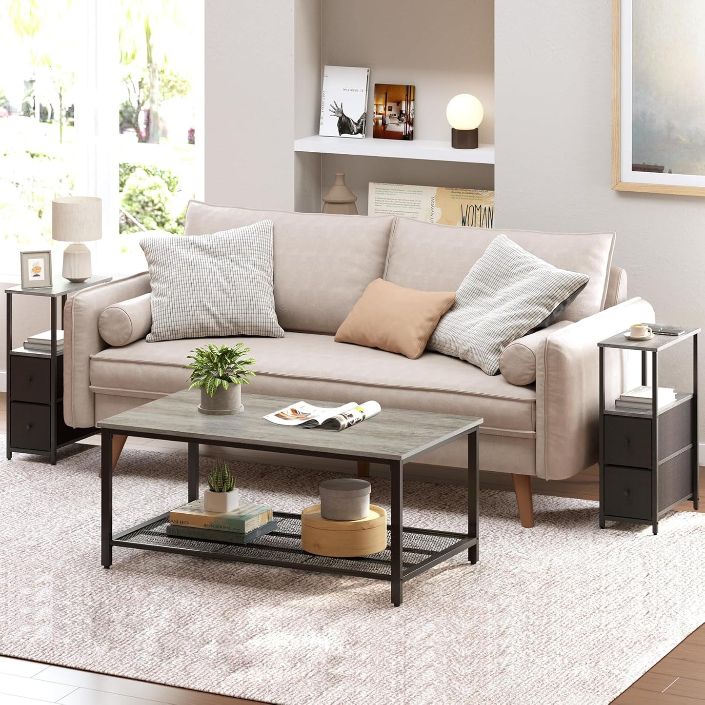 TUTOTAK Small Narrow End Table, Set of 2, Side Table, Nightstand with 2 Cloth Drawers, Couch Table, for Living Room, Bedroom, Bedside, Greige TB01BG054