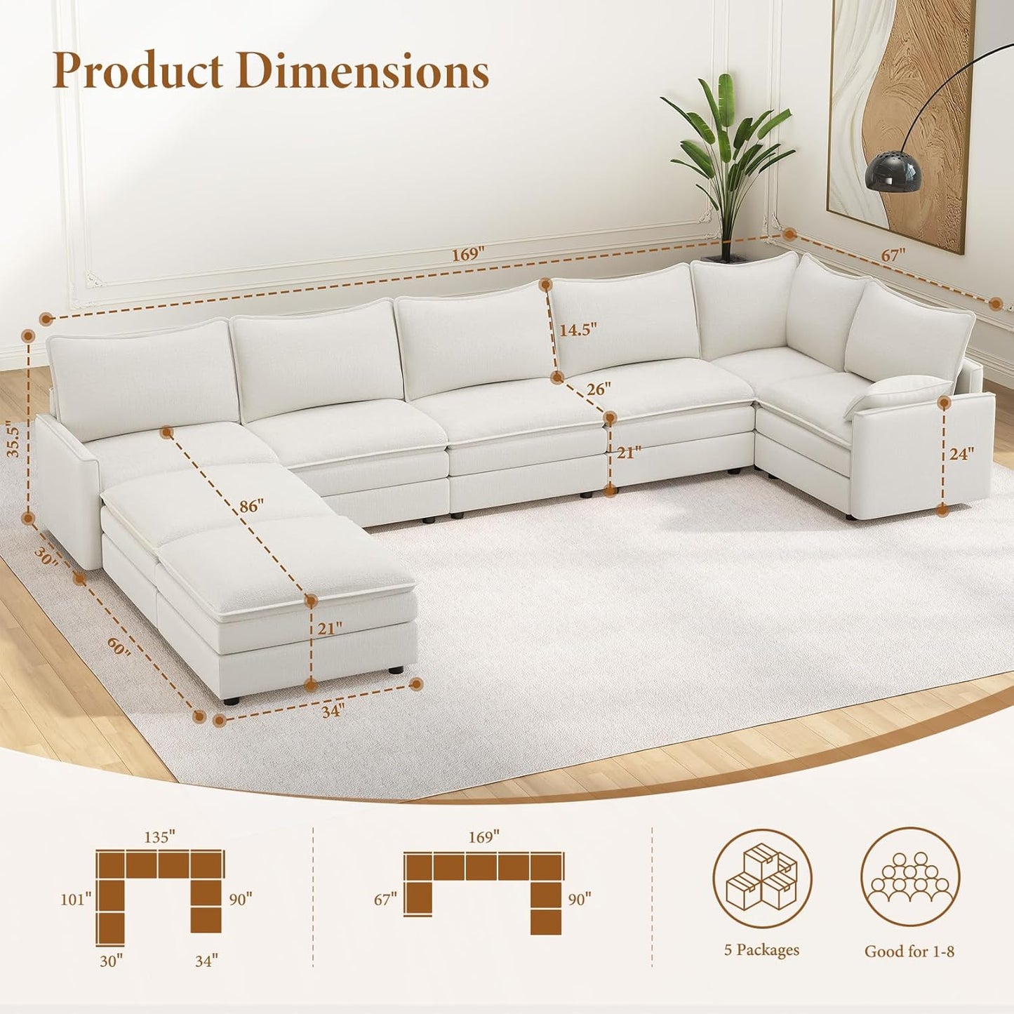 Vesgantti Large Modular Sectional Sofa, Big Comfy Cloud Couch with Ottoman Deep Seat Chenille Cloud Sofa, 8 Seater Large Sectional Couches for Living Room, Bedroom and Apartment, Snow White