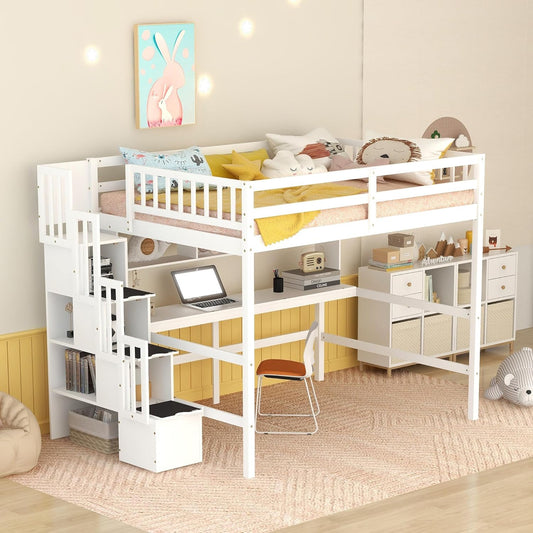 HomSof Full Size Loft Bed with Built-in Desk, Bookshelves and Storage Staircase,White