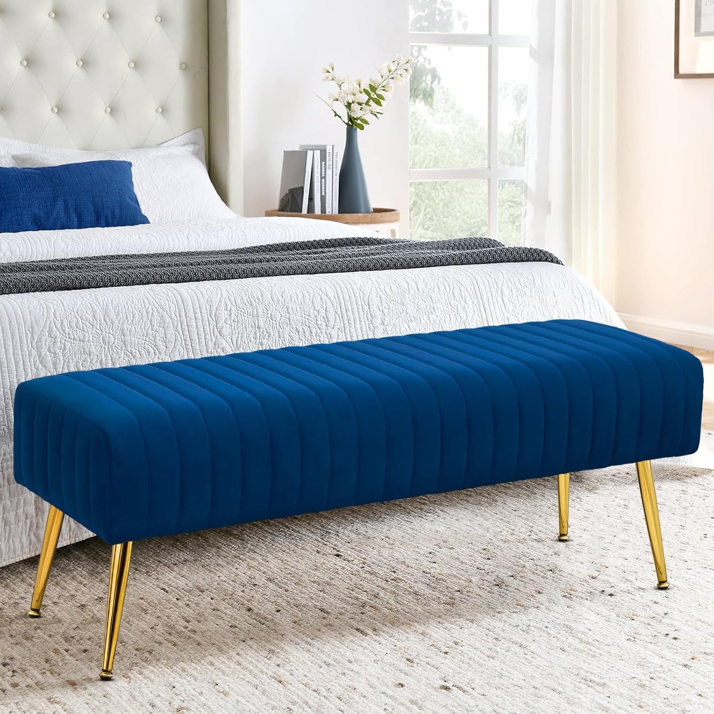 Furniliving Bedroom Bench Velvet Ottoman Bench with Skin-Friendly Velvet, 44.8’’ Upholstered End of Bed Bench, Soft Indoor Benches with Golden Finished Tapered Legs for Living Room, Entryway, Blue