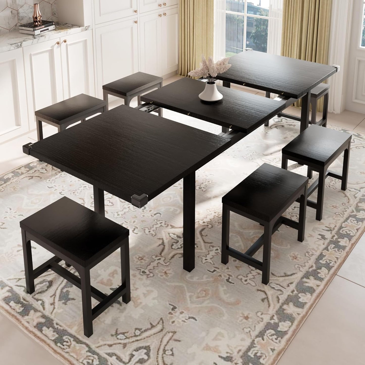 Feonase 7-Piece Dining Table Set for 4-8, 63" Large Extendable Kitchen Table Set with 6 Stools, Modern Dining Room Table with Heavy-Duty Frame, Easy Assembly, Black