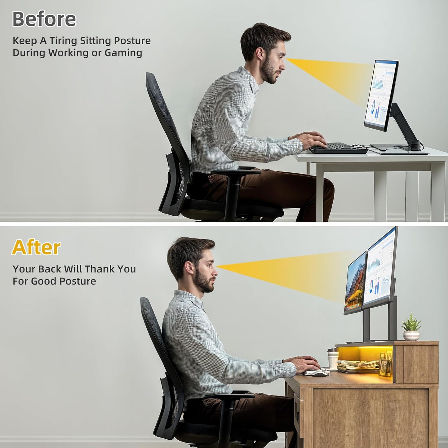 DWVO Farmhouse Office Desk with Drawer & Power Outlets, Rattan Computer Desk w/LED Strip & Monitor Stand for Bedchamber Study, Home Office Table w/Storage Cabinet for Working Writing Gaming (Oak)