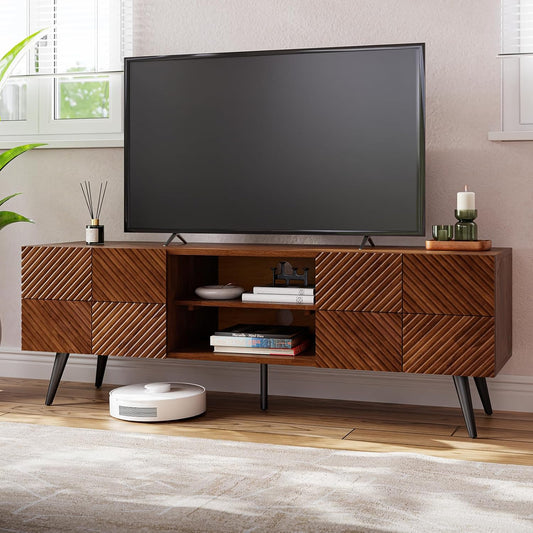 Bme Rhombus Wooden TV Stand with Storage Cabinets – Solid Acacia Wood, Geometric Rhombus Pattern Doors, Scandinavian Modern Entertainment Console with Metal Base