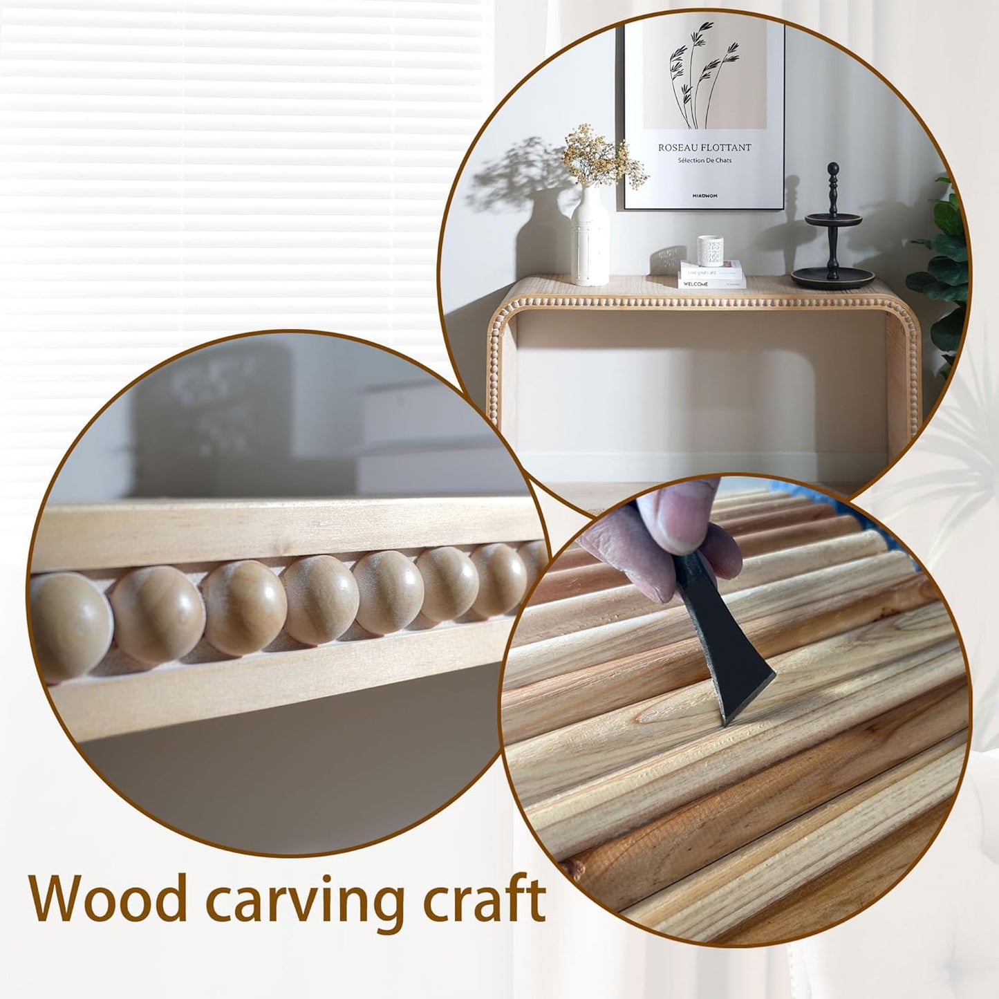 KEIKI Wood Console Table Behind Couch & Sofa, Retro Style with Curved Waterfall & Wood Beads Design, for Entryway, Living Room, Natural