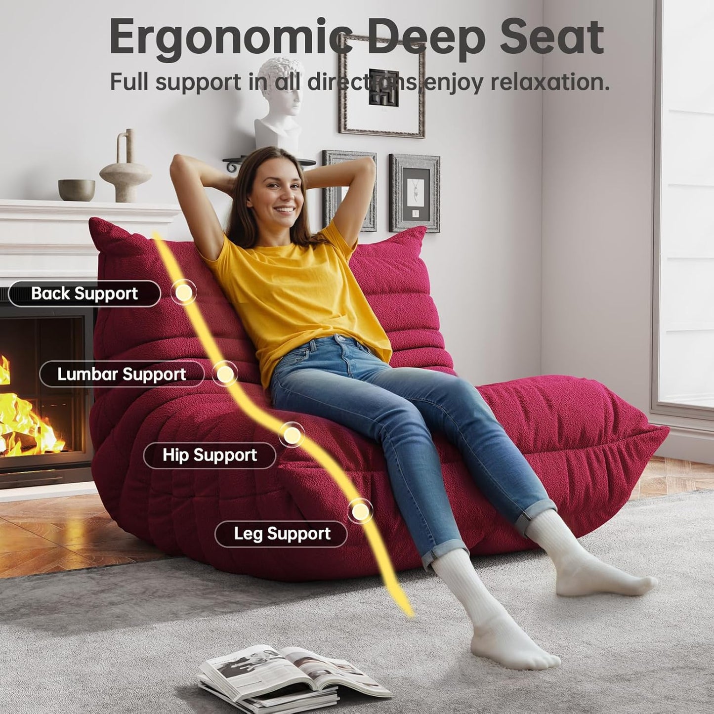 Bean Bag Chairs for Adults, BeanBag Reading Chair Memory Foam Couch, Floor Chair Soft Teddy Material, Comfy Reading Nook Chairs for Bedroom Living Room Office (Wine Red)