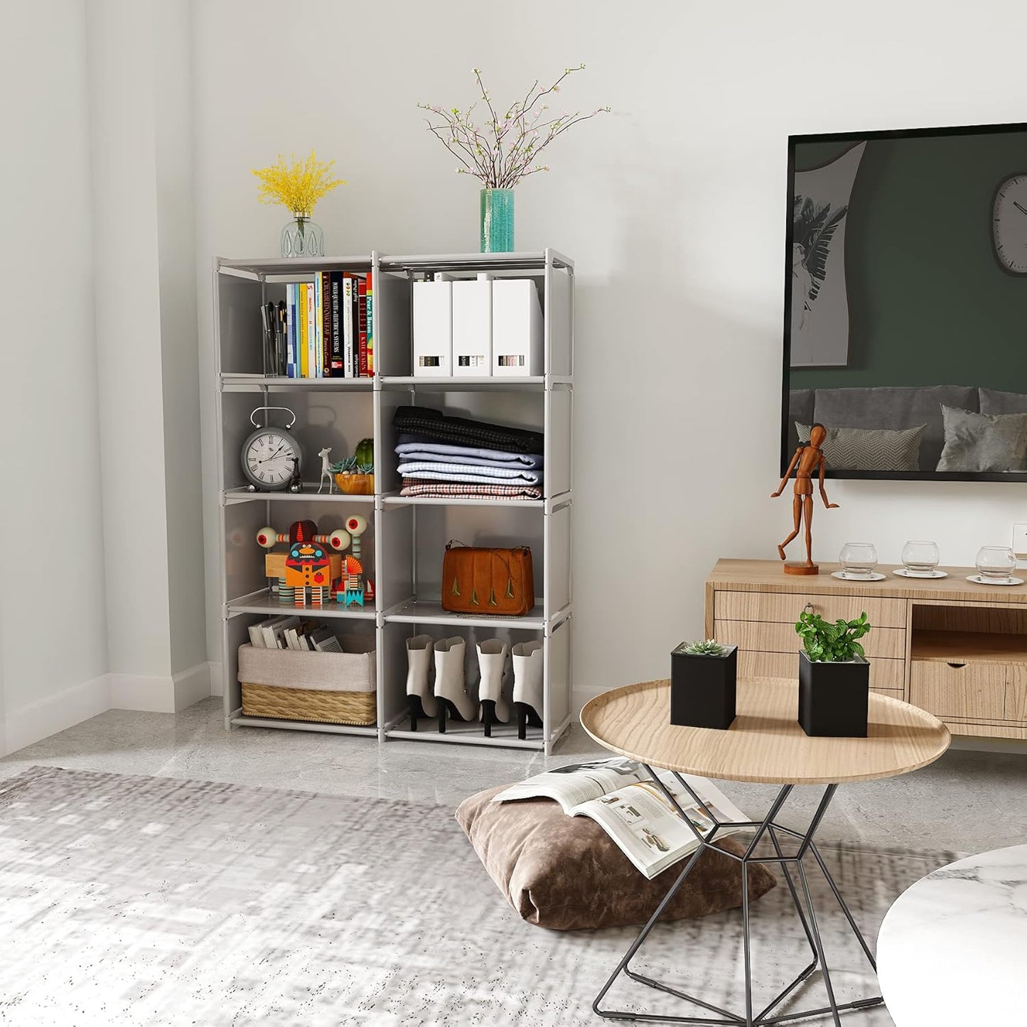 JIUYOTREE 5-Tiers Closet Storage Organizer with Fabric Cloth at Back，Double Row Modular Cubes Bookshelf,Living Room,Study Room,Bedroom,Grey